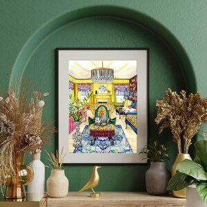 May include: Watercolor painting of a living room interior with a patterned rug, a large armchair with a cat sitting in it, and a chandelier hanging from the ceiling.