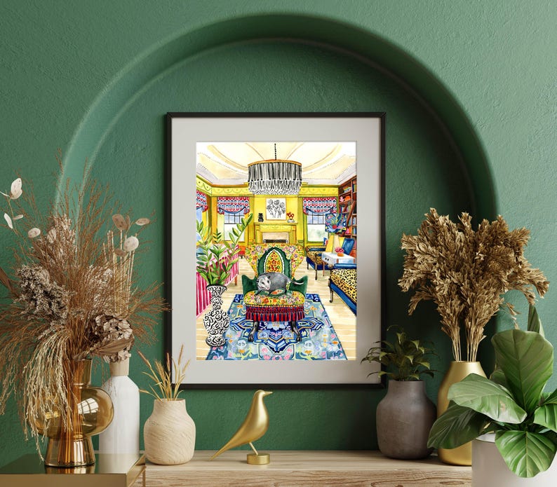 May include: Watercolor painting of a living room interior with a patterned rug, a large armchair with a cat sitting in it, and a chandelier hanging from the ceiling.
