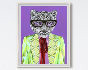 May include: A snow leopard wearing a green suit with a geometric pattern, a red bow tie, and black sunglasses against a purple background.