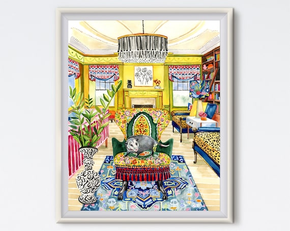 Possum Kingdom Art Print: Maximalist Room Portrait, Impressionistic Hand Painted Watercolor Opossum Painting