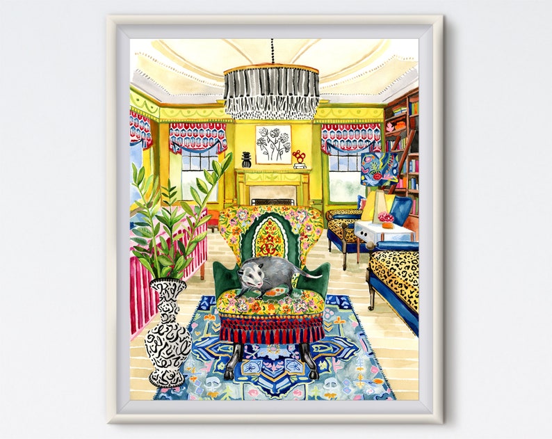May include: A watercolor painting of a living room interior with a green armchair, a colorful rug, and a possum sitting on the chair. The room has yellow walls, a fireplace, and a bookshelf.