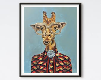 May include: A painting of a giraffe wearing a red, black, and gold patterned shirt with a blue flower on the collar. The giraffe is wearing gold-rimmed glasses and has a light blue background.