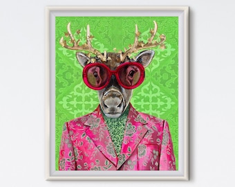 Green Glam Reindeer Art Print: Maximalist Christmas Painted Portrait