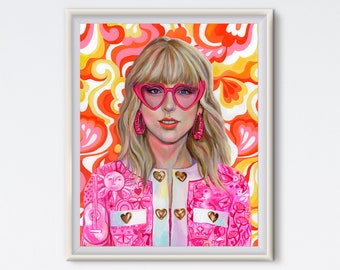 Heart Shaped Glasses - Acrylic Painting - Portrait - Art Print - Taylor - Maximalist - Swiftie Gift - Music Art - Pink - Pop Culture Art