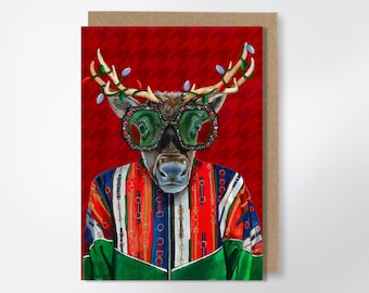 Red Houndstooth Reindeer Christmas Card - Fun Greeting Card, Fashion Animal