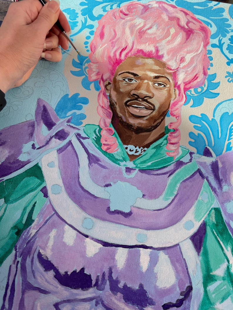 Lil Nas X Portrait in Rococo Style - Hand-Painted Art Print with Pink Wig & Armor image 5