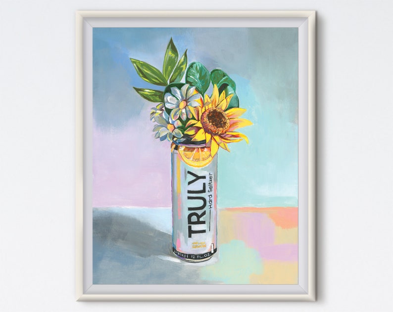 Truly Still Life - Floral Painting - Sunflower Print - Canvas Art - Alcohol Print - Daisy Print - Floral Print - Art Prints - Hard Seltzer 