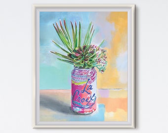 La Croix Still Life - Floral Painting - Succulent Print - Canvas Art - Seltzer - Tropical - Floral Print - Art Prints - La Croix - Palm Leaf