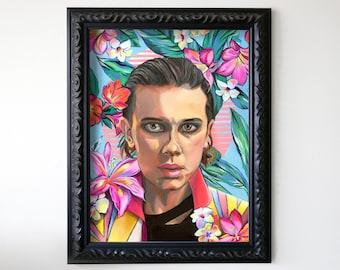 Jane - Ölgemälde - fremde Dinge Kunst - elf-elf Kunst - Millie Bobbie Brown - Blumenmalerei - Blumen-Portrait - Pop-Kultur