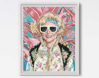 Rose mit Sonnenbrille – Rose Nylund – Acrylgemälde – Betty White – Kunstdruck – Goldene Mädchen – Tropisch – 80er-Jahre-Kunstwerk – Modekunst