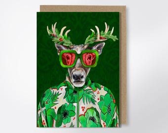 Festive Reindeer Christmas Card - Fun Greeting Card, Fashion Animal, Floral Holiday