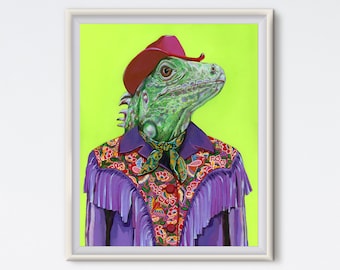 Lizard - Iguana Painting - Fashion Print - Canvas Art - Neon Cowboy - Fashion Art - Animal Art - Animal Painting - Art Prints - Southwest