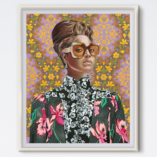 Queen Bey - Acrylic Painting - Portrait - Art Print - Fashion Art - Music Art - Feminist - Floral Print - Pop Culture Art