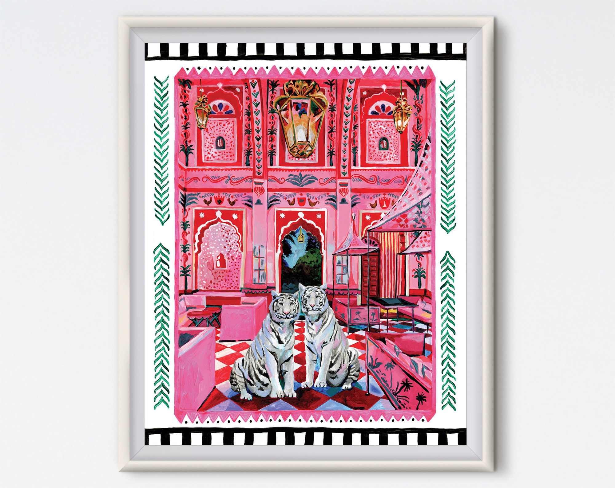 Two Tigers - Maximalist - Acrylic Painting - Tiger Art - Art Print - Pink - Villa Palladio Jaipur - Landscape - White Tiger - India - Boho
