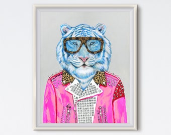 May include: A white tiger wearing a pink leather jacket with silver studs, a leopard print collar, and brown sunglasses with a Gucci pattern.