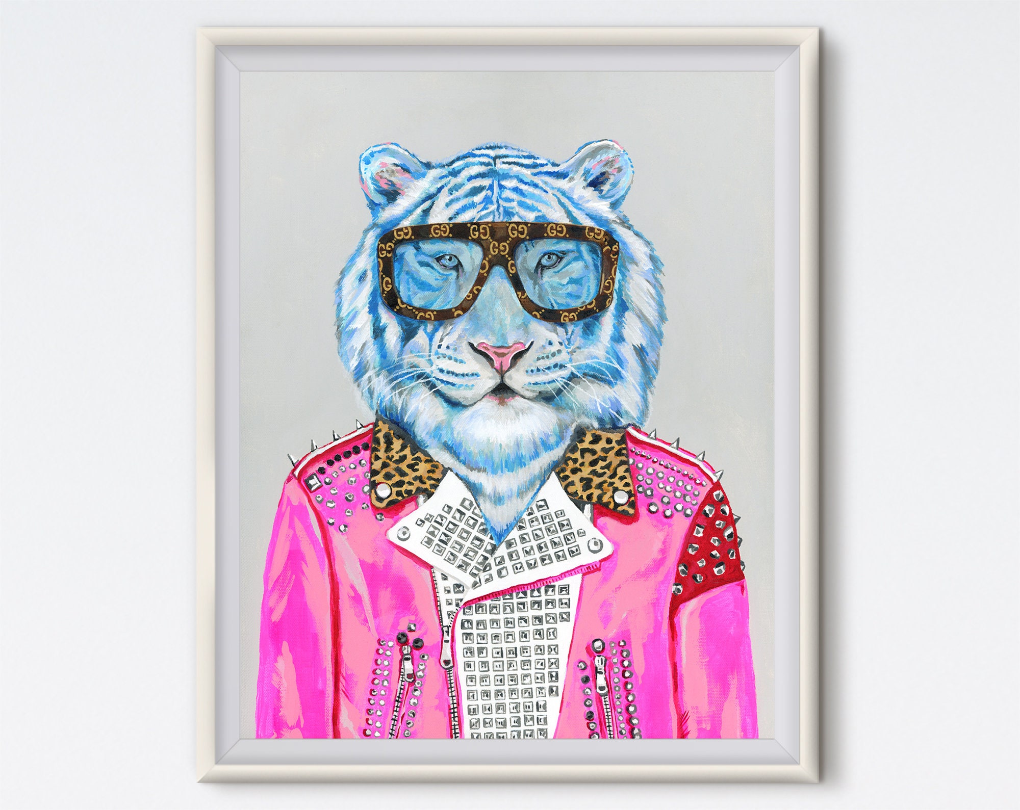 Impresión artística de tigre azul: pintura de animales de moda, chaqueta de cuero