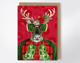 Red Plaid Reindeer Christmas Card - Fun Greeting Card, Fashion Animal