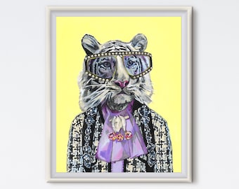 May include: A white tiger wearing a black and white patterned jacket with a purple scarf and a pearl necklace. The tiger is wearing large sunglasses with a pearl trim. The background is yellow.