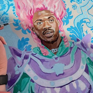 Lil Nas X Portrait in Rococo Style - Hand-Painted Art Print with Pink Wig & Armor image 4