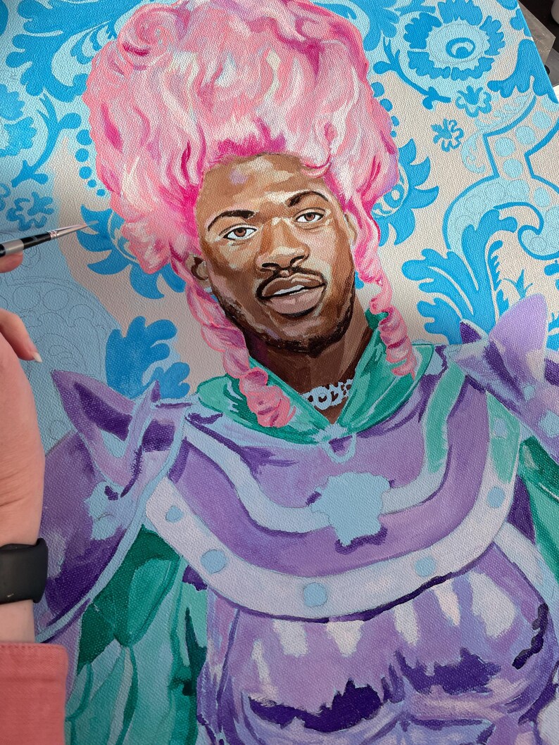 Lil Nas X Portrait in Rococo Style - Hand-Painted Art Print with Pink Wig & Armor image 4