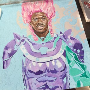 Lil Nas X Portrait in Rococo Style - Hand-Painted Art Print with Pink Wig & Armor image 3