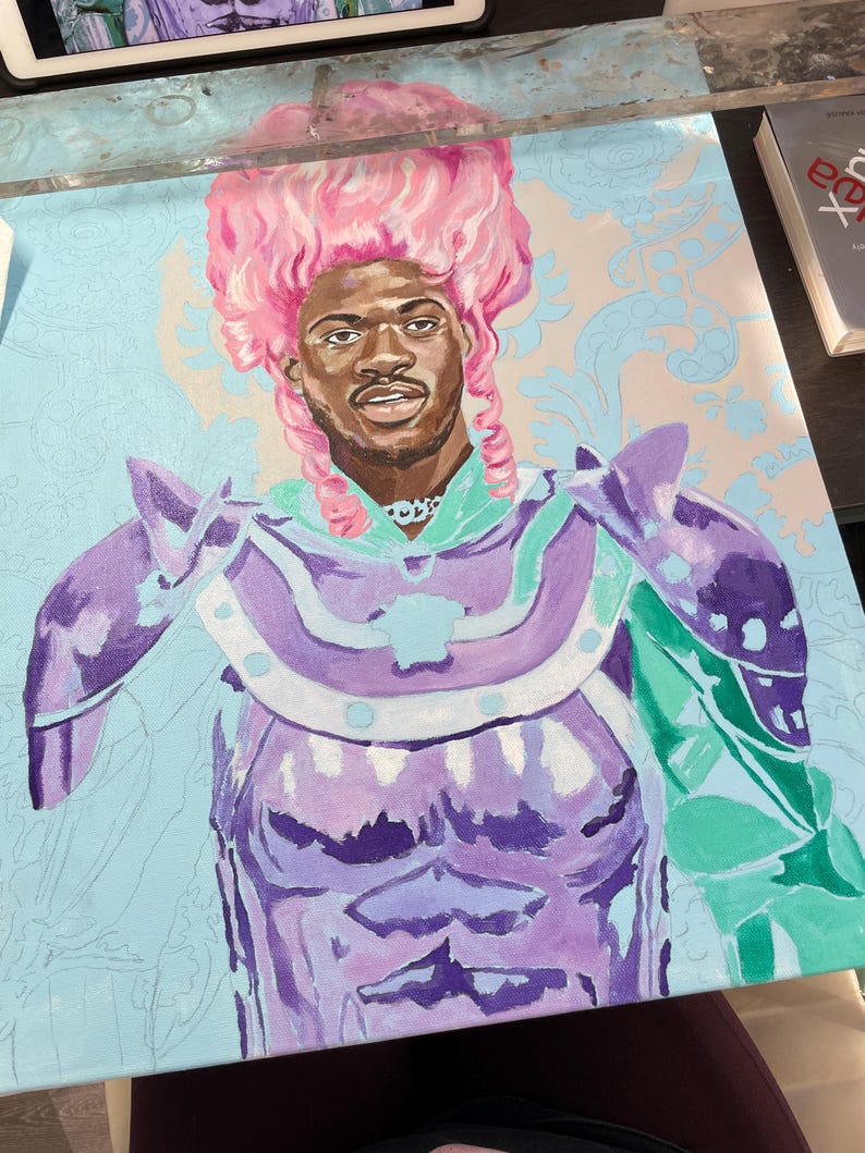 Lil Nas X Portrait in Rococo Style - Hand-Painted Art Print with Pink Wig & Armor image 3