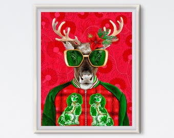 Red Glam Reindeer Art Print: Maximalist Christmas Painted Portrait