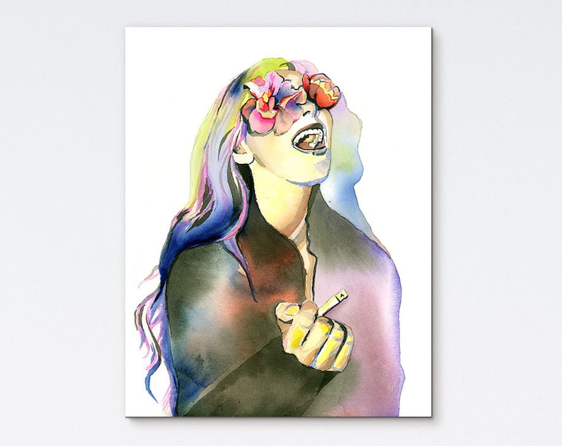 May include: Watercolor painting of a woman with long blue hair. She is laughing with her eyes closed and has pink flowers over her eyes. She is holding a cigarette in her right hand.