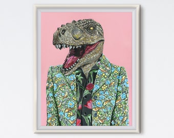 T-Rex - Dinosaur Art - Fashion Print - Fashion Art - Tyrannosaurus Rex - Pink - Fashion Artwork - Dinosaur Print - Floral Print - Animal Art