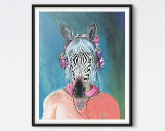 I Can't Hear You - Zebra Painting - Hipster Animal - Funny Animal - Art Print - Animal Portrait - Acrylic Portrait - Illustrated Art Prints