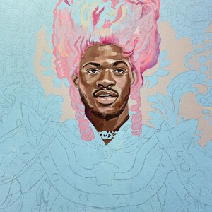 Lil Nas X Portrait in Rococo Style - Hand-Painted Art Print with Pink Wig & Armor image 2