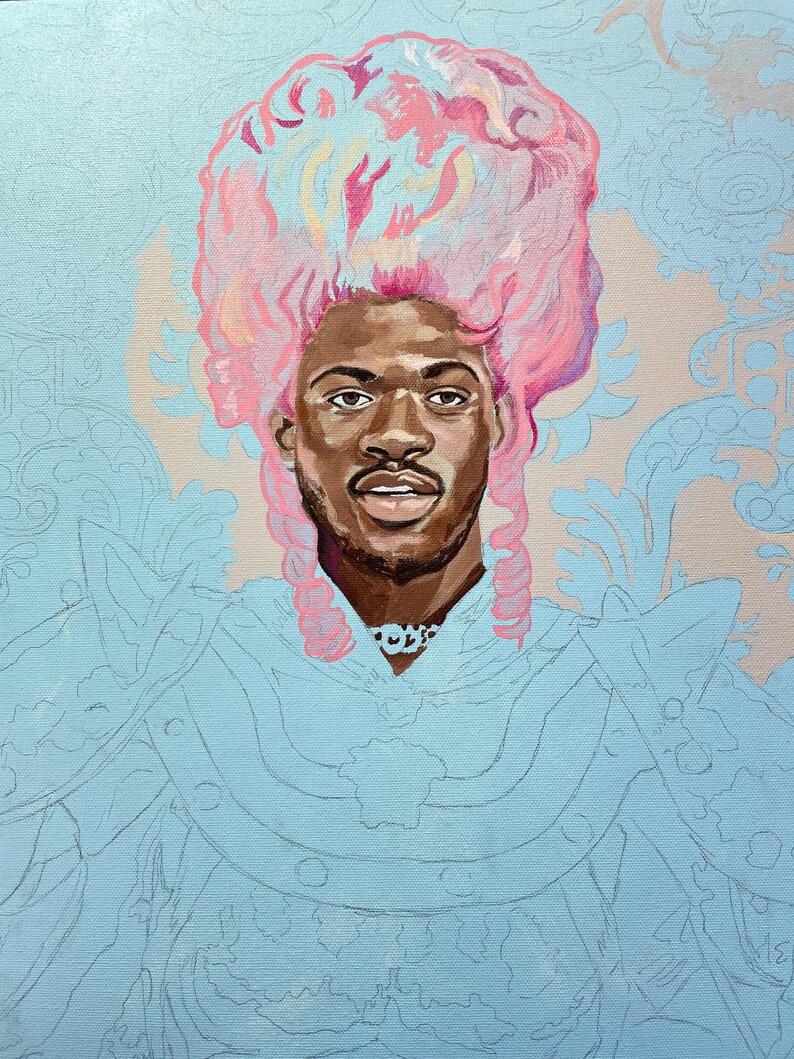 Lil Nas X Portrait in Rococo Style - Hand-Painted Art Print with Pink Wig & Armor image 2