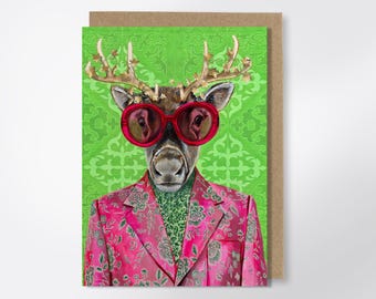 Festive Reindeer Christmas Card - Fun Greeting Card, Fashion Animal