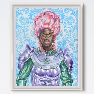 May include: A painting of a person wearing a pink wig and armor. The person has dark skin and is looking directly at the viewer. The background is a blue and white patterned wallpaper.