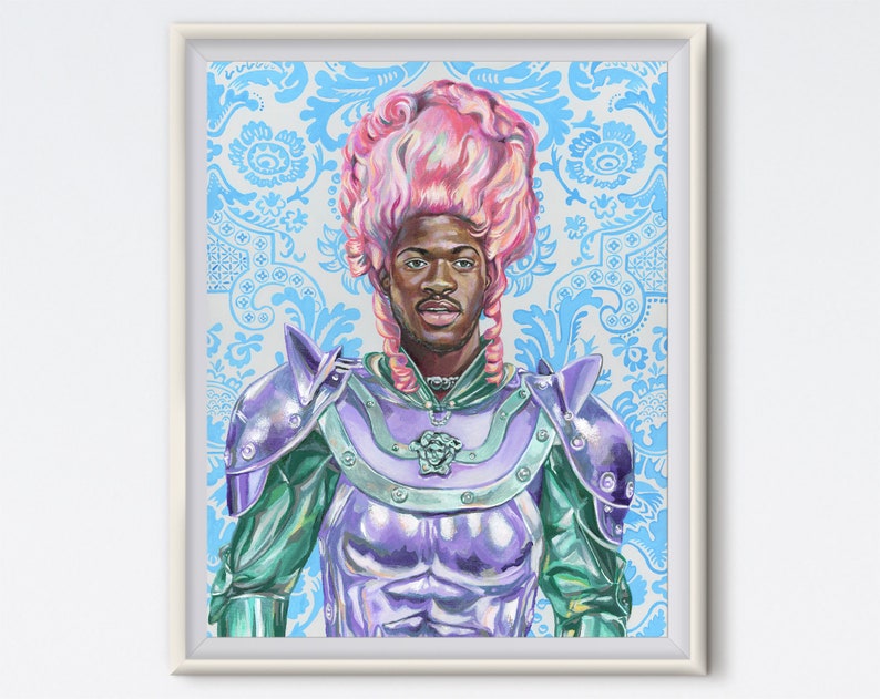 May include: A painting of a person wearing a pink wig and armor. The person has dark skin and is looking directly at the viewer. The background is a blue and white patterned wallpaper.