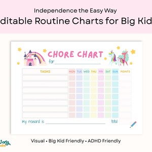 以下が含まれることがあります： ピンクの城、虹、ユニコーンのイラストが描かれた、子供向けの印刷可能な家事チャート。チャートには、タスク、曜日、ポイントのスペースが含まれています。チャートのテキストは「CHORE CHART」と「Editable Routine Charts for Big Kids」です。