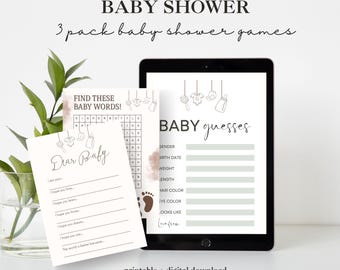 Neutralne gry na baby shower do druku | Zestaw 3 gier do natychmiastowego pobrania