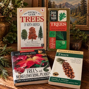 May include: Four vintage field guide books about trees and plants. Titles include The Pocket Guide to Trees of North America, Quick Key Guide to Trees, Reader's Digest North American Wildlife Trees and Nonflowering Plants, and Peterson First Guides Trees.
