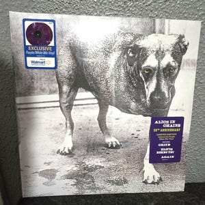May include: Alice in Chains 30th Anniversary limited edition vinyl record featuring a dog image. The album is a purple and white mix vinyl, exclusive to Walmart.