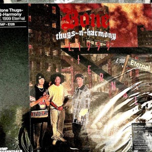 May include: A vinyl record album cover for Bone Thugs-N-Harmony titled E. 1999 Eternal. The artwork features three individuals standing in front of a dark, urban, fire-lit background with a street sign reading E. 1999 Eternal and VMP branding.