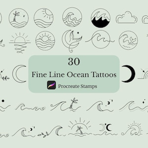 Carimbos de tatuagem com tema oceânico para Procreate | Tatuagens de praia | Pincéis de linha fina para Procreate