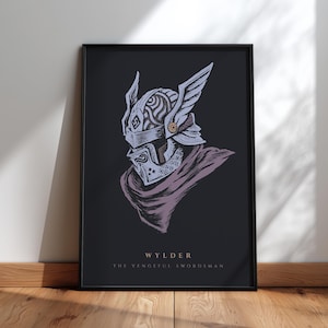 May include: Framed art print featuring a detailed illustration of a helmeted warrior with winged accents and a flowing scarf. The artwork is in shades of gray and purple against a black background. Text at the bottom reads "WYLDER THE VENGEFUL SWORDSMAN."