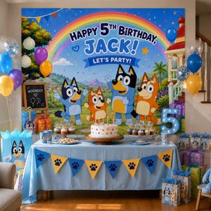May include: A birthday party scene with a blue and yellow theme. The backdrop reads "Happy 5th Birthday, Jack!" with cartoon characters and a rainbow. Balloons, a cake, and gifts complete the festive setting.