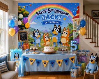Custom Blue Dog Birthday Backdrop | Puppy Family Party Banner | Birthday Decoration | Cartoon Dog Party Supplies | Printed Photo Background