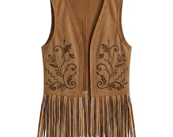 Brown Suede Fringe Vest, Boho Western Embroidered Waistcoat, Vintage Cowgirl Festival Jacket, Hippie Style Top