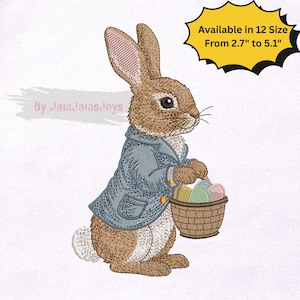 May include: An embroidered design of a rabbit wearing a blue jacket and holding a basket of Easter eggs. The design is available in 12 sizes, ranging from 6.8 cm to 13 cm. The rabbit is brown and white with a detailed face.