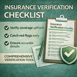 May include: An image of an insurance verification checklist. The checklist is on a clipboard with a pen, a shield icon, and a smaller document. Text includes "Insurance Verification Checklist", "Verify coverage upfront", "Catch red flags early", and "Ensure accurate details."