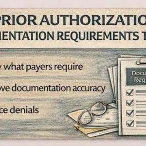 Puede incluir: Gráfico beige y gris con el texto "PRIOR AUTHORIZATION DOCUMENTATION REQUIREMENTS TOOLKIT". Incluye una lista de verificación, gafas y las frases "Know what payers require", "Improve documentation accuracy" y "Reduce denials".