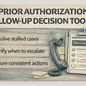 Puede incluir: Ilustración de un "Kit de herramientas de decisión de seguimiento de autorización previa". La imagen incluye un auricular de teléfono, un portapapeles con una "Guía de decisión" y marcas de verificación junto a los puntos: "Resolver casos estancados", "Aclarar cuándo escalar" y "Garantizar acciones consistentes."
