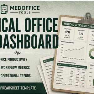 May include: A Medoffice Tools Medical Office KPI Dashboard Excel spreadsheet template featuring a clipboard with data charts, graphs, and tables. The document displays metrics like total patients, appointments, and collections over time in green and white.